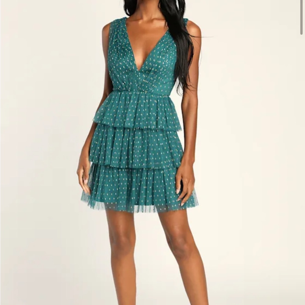 Lulu's Teal Polka Dot Tiered Mini Dress.
